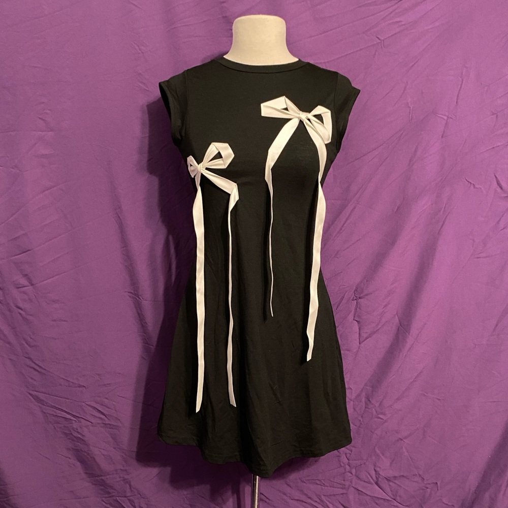 Cider Black Mini Dress with White Ribbon Bows